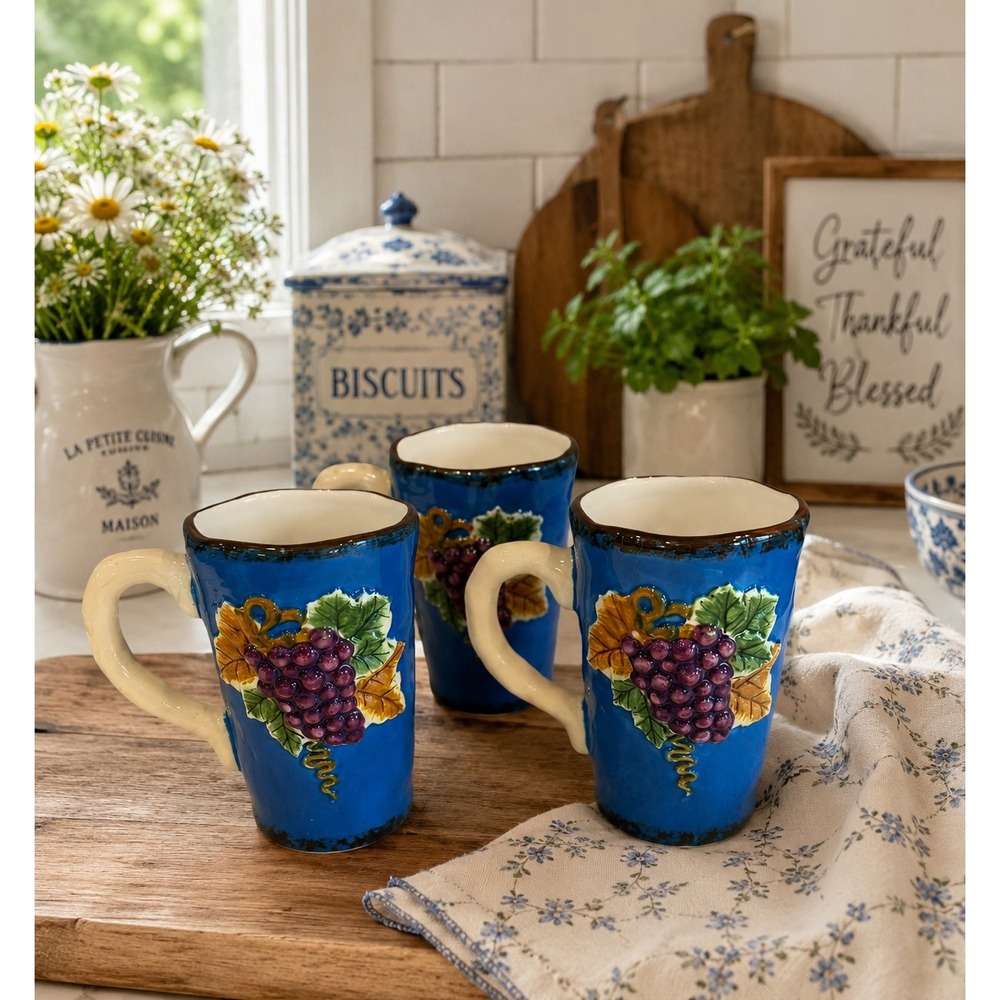 Bello Casa by GANZ Ceramic Mug Set 3 Cobalt Blue 3D Embossed Grapes Tuscan Style